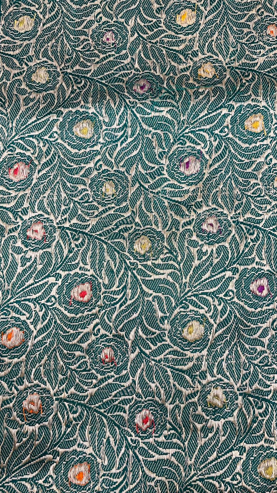 Faishana Pure Handloom Dark Green Tilfi Mina Golden Silver Booti Kadhwa Katan Silk Saree Golden Stripe Blouse