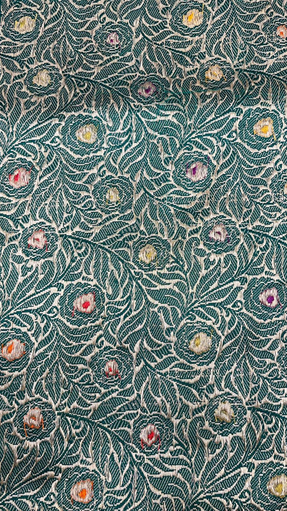 Faishana Pure Handloom Dark Green Tilfi Mina Golden Silver Booti Kadhwa Katan Silk Saree Golden Stripe Blouse