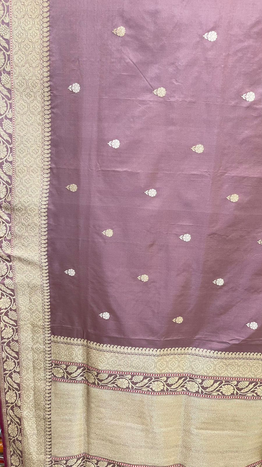Faishana Pure Silk Handloom Mauve Katan Silk Kadhwa Sona Rupa Floral Zari Booti with Kadhwa Gold Floral Zari Anchal and Golden Stripe Mauve Blouse
