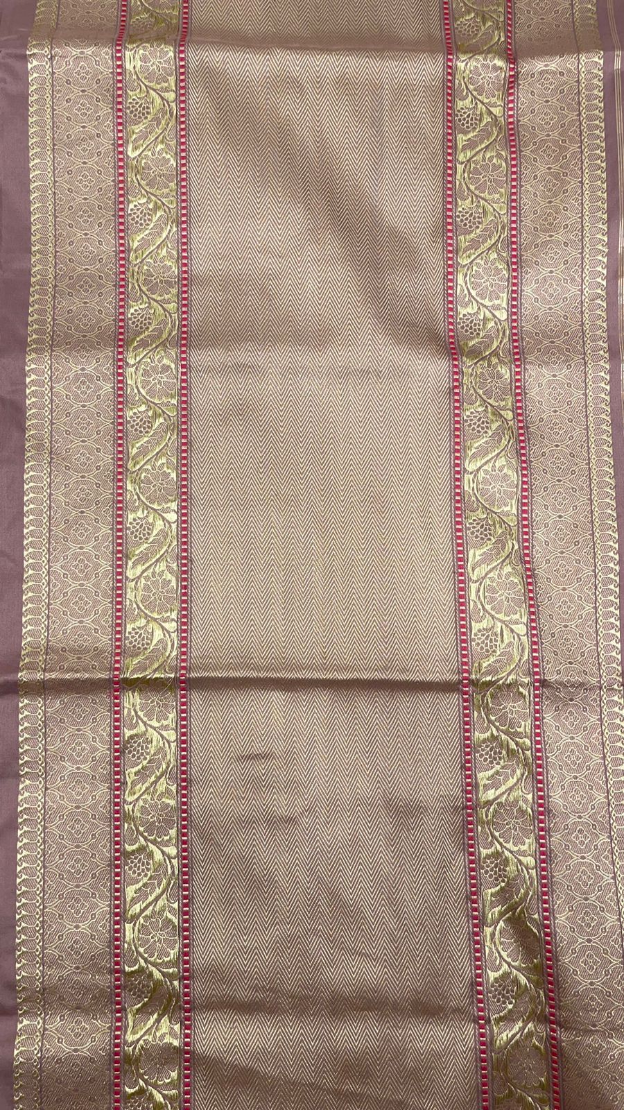 Faishana Pure Silk Handloom Mauve Katan Silk Kadhwa Sona Rupa Floral Zari Booti with Kadhwa Gold Floral Zari Anchal and Golden Stripe Mauve Blouse