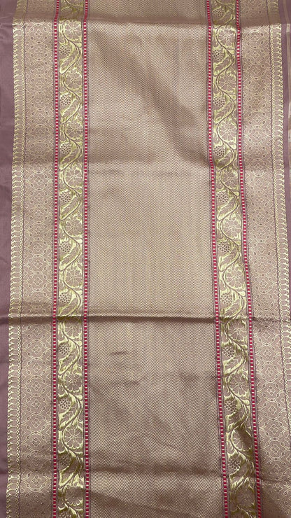 Faishana Pure Silk Handloom Mauve Katan Silk Kadhwa Sona Rupa Floral Zari Booti with Kadhwa Gold Floral Zari Anchal and Golden Stripe Mauve Blouse