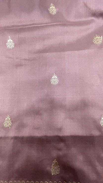 Faishana Pure Silk Handloom Mauve Katan Silk Kadhwa Sona Rupa Floral Zari Booti with Kadhwa Gold Floral Zari Anchal and Golden Stripe Mauve Blouse