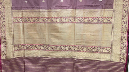 Faishana Pure Silk Handloom Mauve Katan Silk Kadhwa Sona Rupa Floral Zari Booti with Kadhwa Gold Floral Zari Anchal and Golden Stripe Mauve Blouse