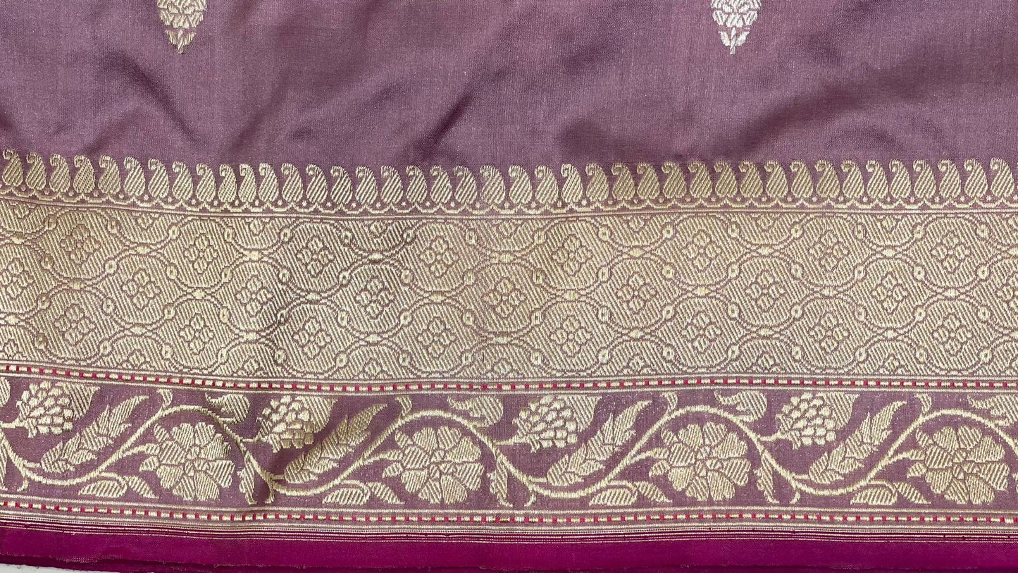 Faishana Pure Silk Handloom Mauve Katan Silk Kadhwa Sona Rupa Floral Zari Booti with Kadhwa Gold Floral Zari Anchal and Golden Stripe Mauve Blouse