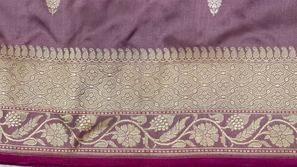 Faishana Pure Silk Handloom Mauve Katan Silk Kadhwa Sona Rupa Floral Zari Booti with Kadhwa Gold Floral Zari Anchal and Golden Stripe Mauve Blouse