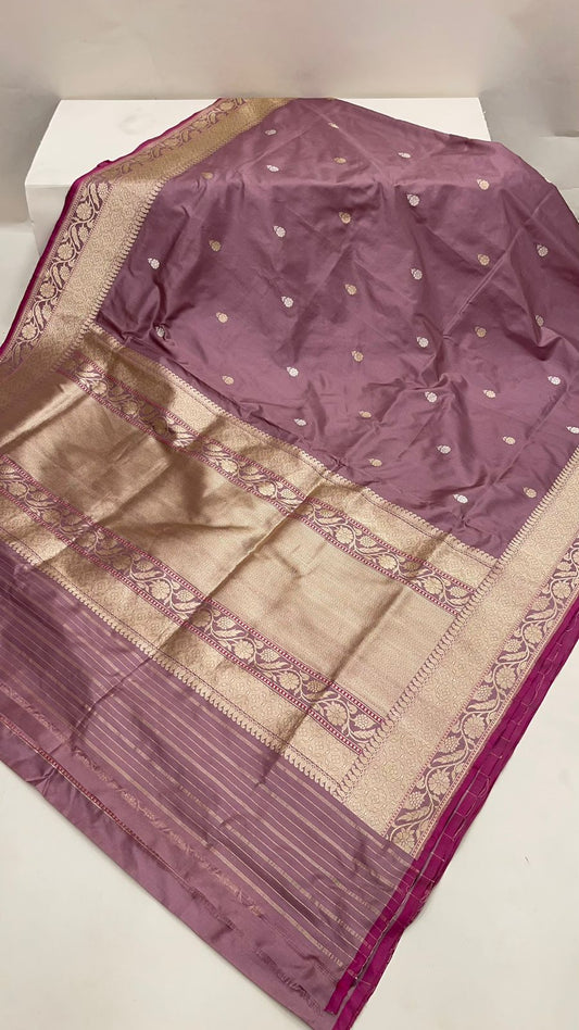 Faishana Pure Silk Handloom Mauve Katan Silk Kadhwa Sona Rupa Floral Zari Booti with Kadhwa Gold Floral Zari Anchal and Golden Stripe Mauve Blouse
