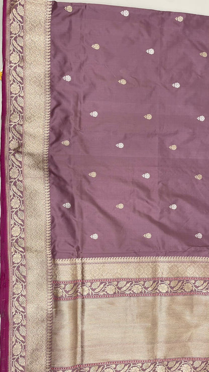 Faishana Pure Silk Handloom Mauve Katan Silk Kadhwa Sona Rupa Floral Zari Booti with Kadhwa Gold Floral Zari Anchal and Golden Stripe Mauve Blouse
