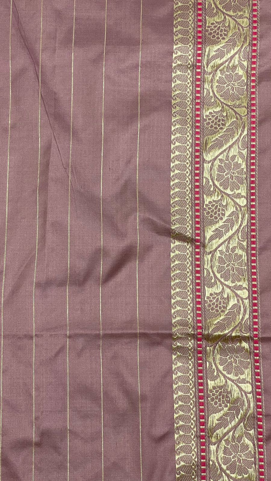 Faishana Pure Silk Handloom Mauve Katan Silk Kadhwa Sona Rupa Floral Zari Booti with Kadhwa Gold Floral Zari Anchal and Golden Stripe Mauve Blouse