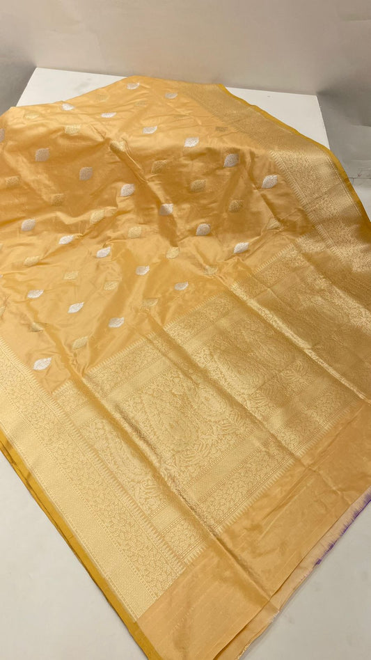 Faishana Pure Handloom Tussar Katan Silk Kadhwa Floral Sona Rupa Zari Booti with Kadhwa Zari Boota Pallu and Tussar Stripe Blouse