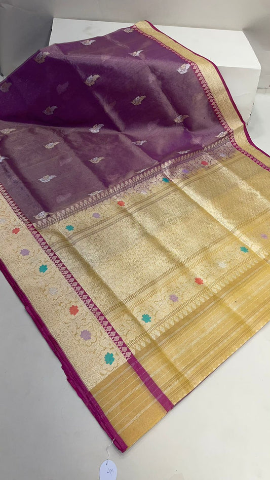 Faishana Pure Handloom Purple Kora Tissue Silk Sona Rupa Booti Zari with Contrast Yellow Kadhwa Mina Zari Border and Pallu with Contrast Yellow Blouse