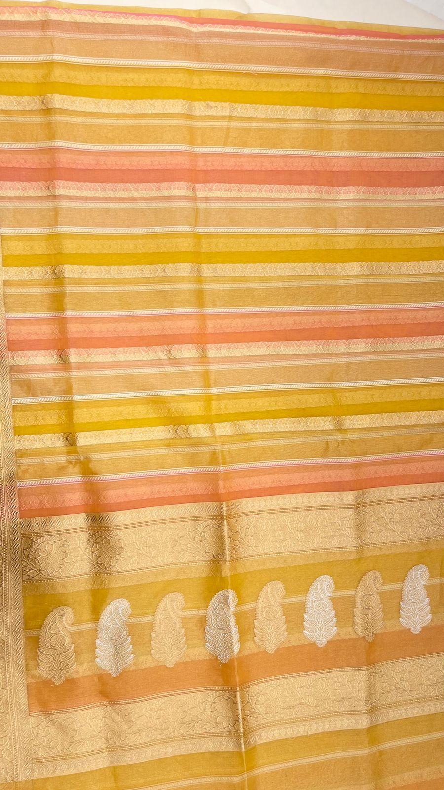 Faishana Pure Handloom Mustard Rang kaat Kora Tissue Silk Sona Rupa Kadhwa Zari Stripe with Kadhwa Sona Rupa Zari Boota and Mustard Blouse
