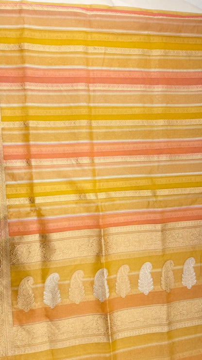Faishana Pure Handloom Mustard Rang kaat Kora Tissue Silk Sona Rupa Kadhwa Zari Stripe with Kadhwa Sona Rupa Zari Boota and Mustard Blouse