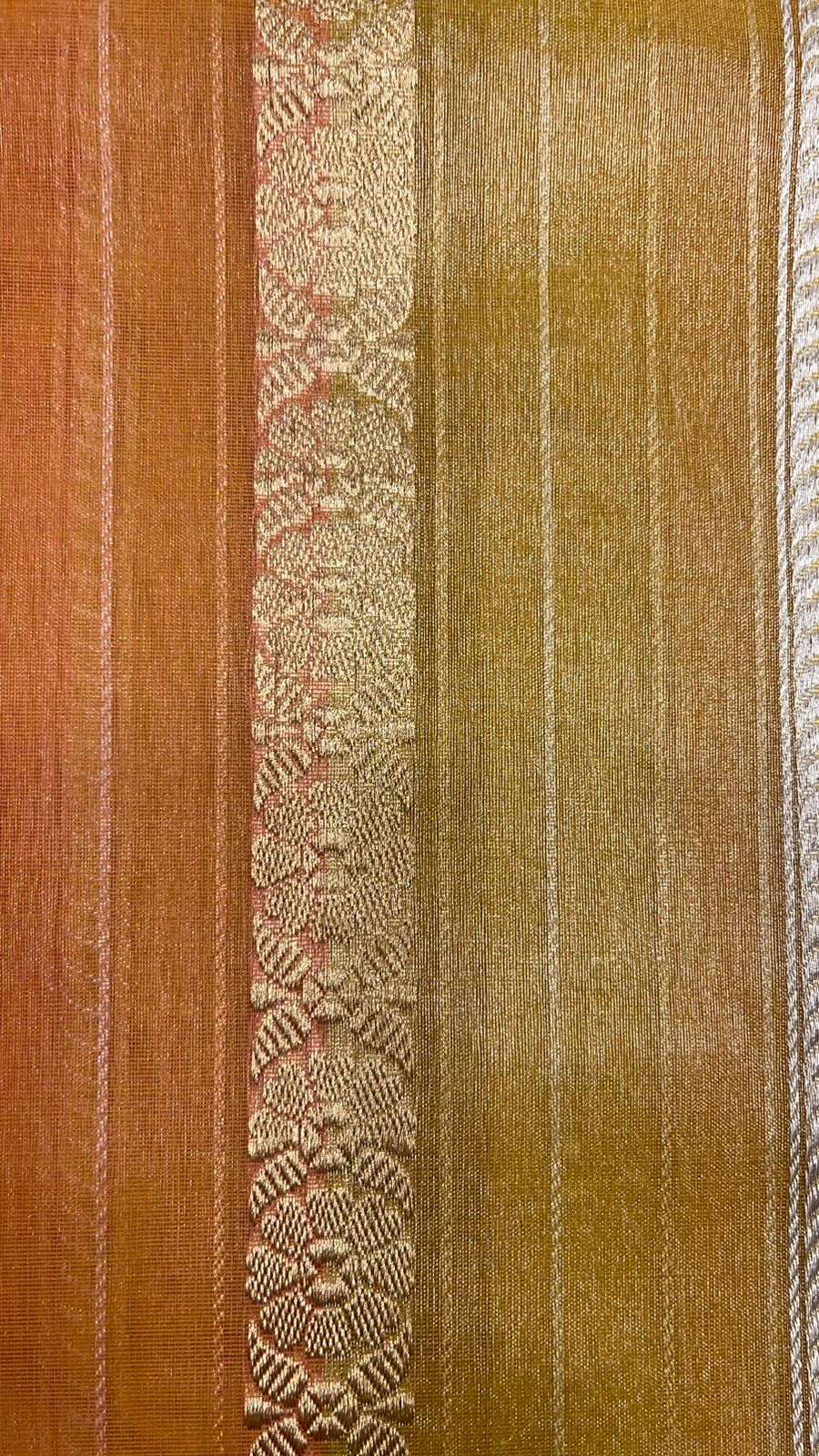 Faishana Pure Handloom Mustard Rang kaat Kora Tissue Silk Sona Rupa Kadhwa Zari Stripe with Kadhwa Sona Rupa Zari Boota and Mustard Blouse