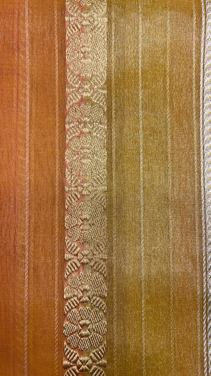 Faishana Pure Handloom Mustard Rang kaat Kora Tissue Silk Sona Rupa Kadhwa Zari Stripe with Kadhwa Sona Rupa Zari Boota and Mustard Blouse