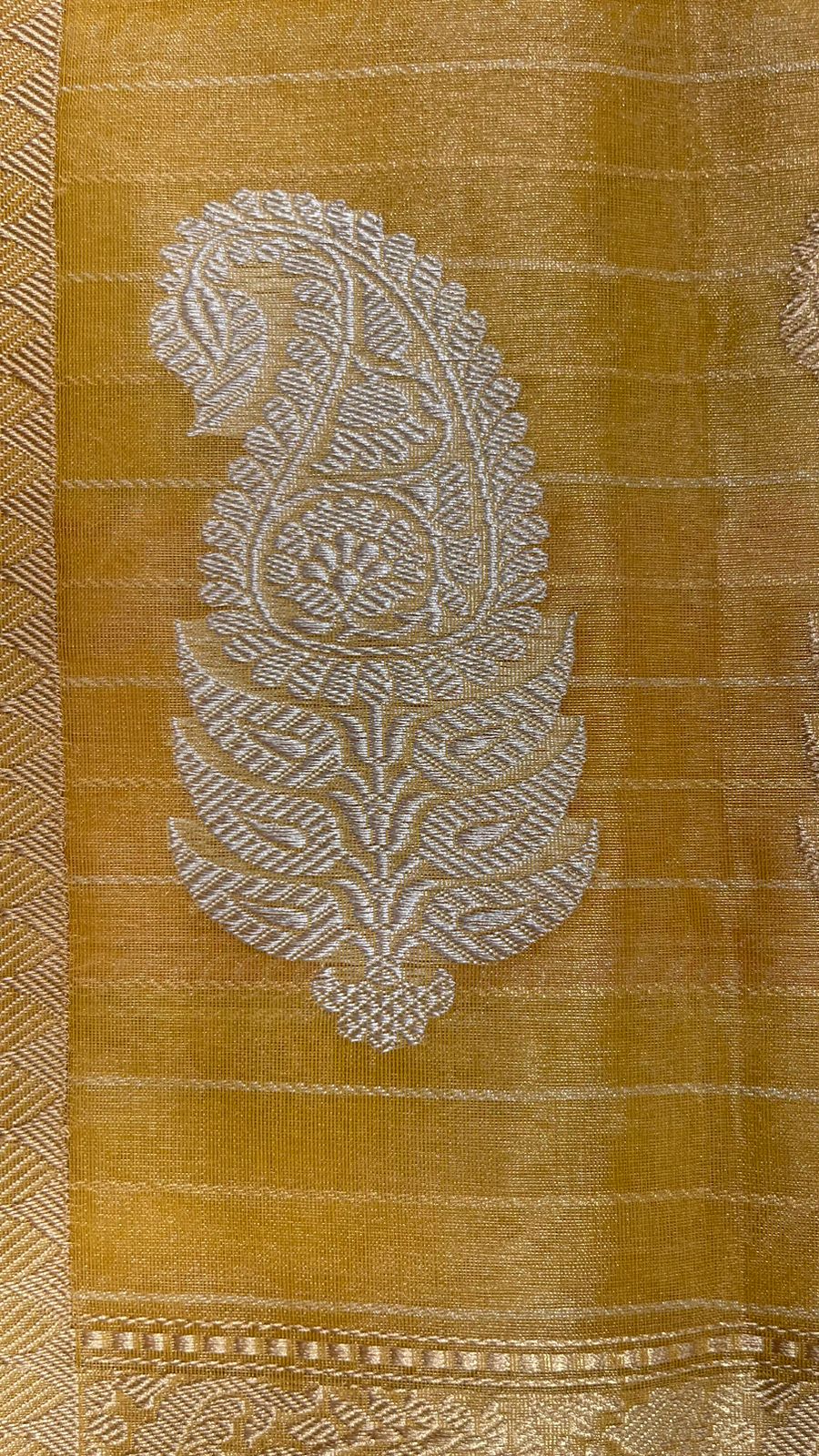 Faishana Pure Handloom Mustard Rang kaat Kora Tissue Silk Sona Rupa Kadhwa Zari Stripe with Kadhwa Sona Rupa Zari Boota and Mustard Blouse
