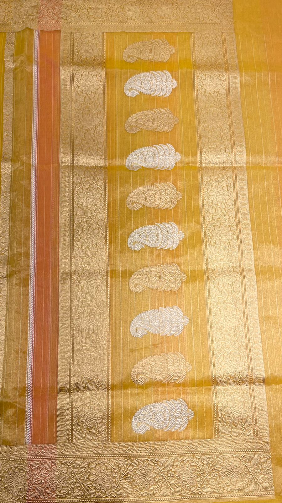 Faishana Pure Handloom Mustard Rang kaat Kora Tissue Silk Sona Rupa Kadhwa Zari Stripe with Kadhwa Sona Rupa Zari Boota and Mustard Blouse