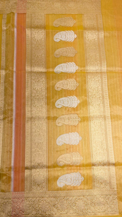 Faishana Pure Handloom Mustard Rang kaat Kora Tissue Silk Sona Rupa Kadhwa Zari Stripe with Kadhwa Sona Rupa Zari Boota and Mustard Blouse