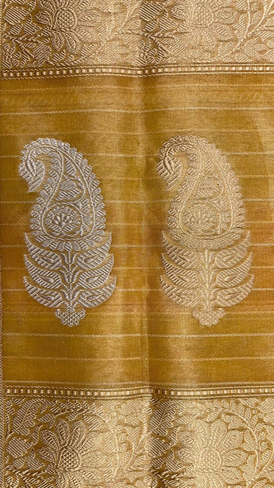 Faishana Pure Handloom Mustard Rang kaat Kora Tissue Silk Sona Rupa Kadhwa Zari Stripe with Kadhwa Sona Rupa Zari Boota and Mustard Blouse