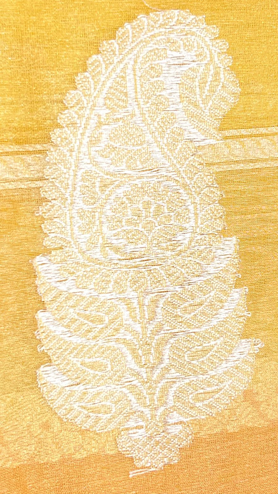 Faishana Pure Handloom Mustard Rang kaat Kora Tissue Silk Sona Rupa Kadhwa Zari Stripe with Kadhwa Sona Rupa Zari Boota and Mustard Blouse