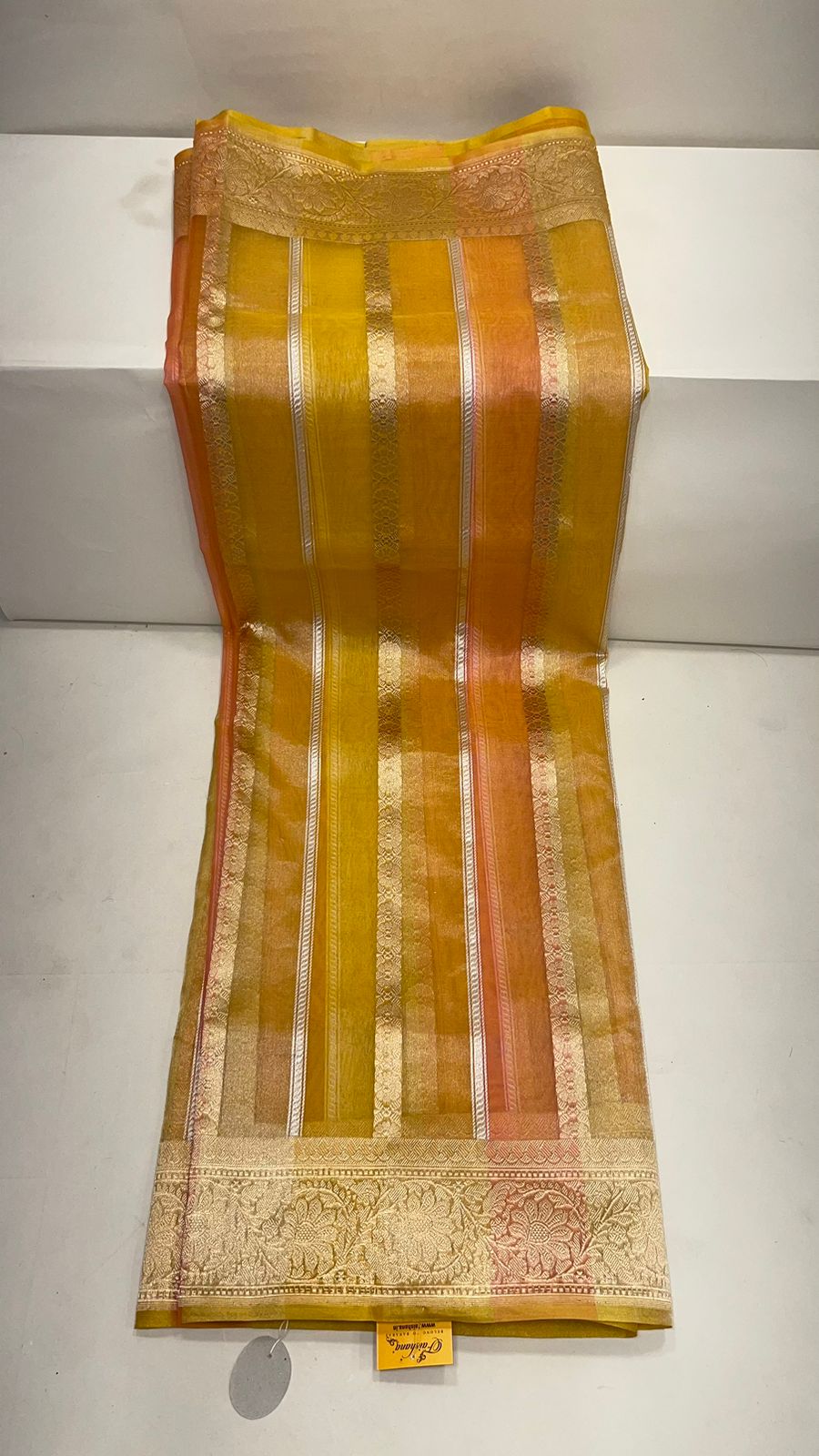 Faishana Pure Handloom Mustard Rang kaat Kora Tissue Silk Sona Rupa Kadhwa Zari Stripe with Kadhwa Sona Rupa Zari Boota and Mustard Blouse
