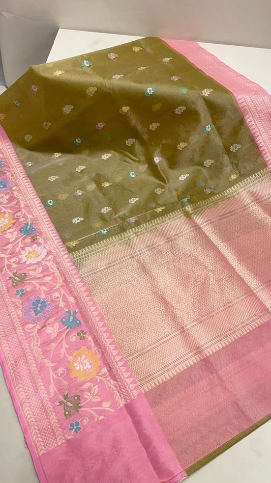 Faishana Pure Handloom Olive Green Kora Tissue Silk Sona Rupa Zari Booti Skirt Tilfi Zari Jaal Mina Contrast Pink Border with Contrast Pink Blouse Banarasi Saree