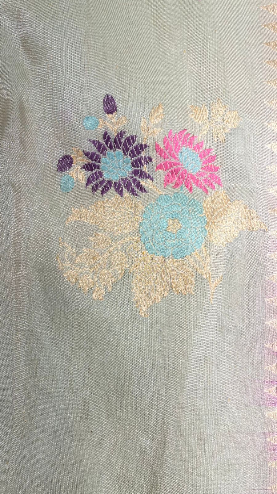 Faishana Pure Handloom Katan Tissue Seagreen Tilfi Kadhwa Mina Zari Booti Boota and Contrast Kadhwa Purple Zari Border Saree with Contrasting Purple Blouse