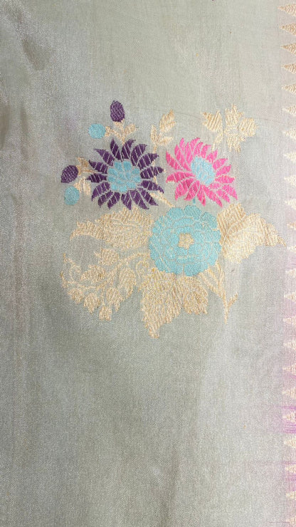 Faishana Pure Handloom Katan Tissue Seagreen Tilfi Kadhwa Mina Zari Booti Boota and Contrast Kadhwa Purple Zari Border Saree with Contrasting Purple Blouse