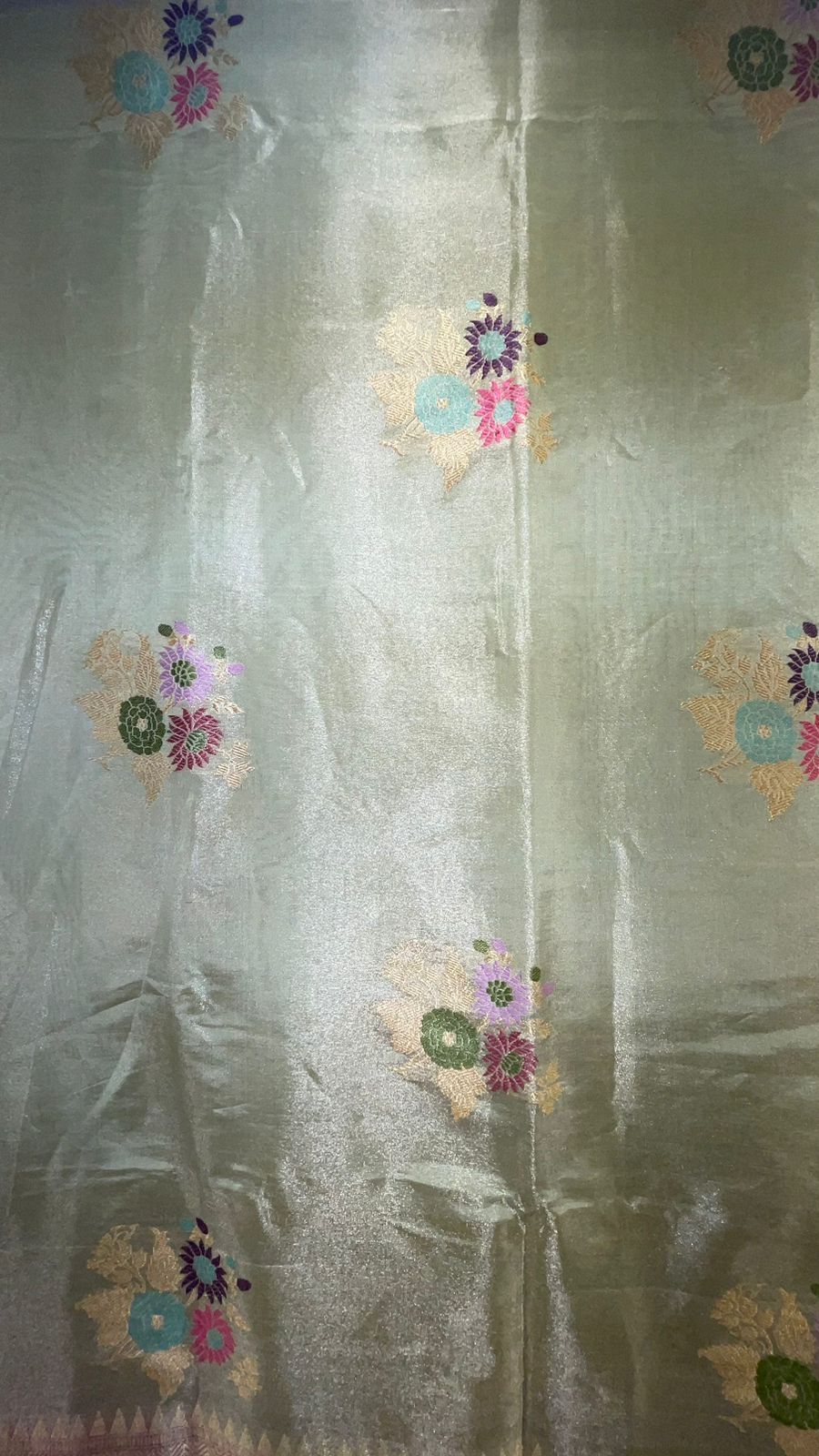 Faishana Pure Handloom Katan Tissue Seagreen Tilfi Kadhwa Mina Zari Booti Boota and Contrast Kadhwa Purple Zari Border Saree with Contrasting Purple Blouse