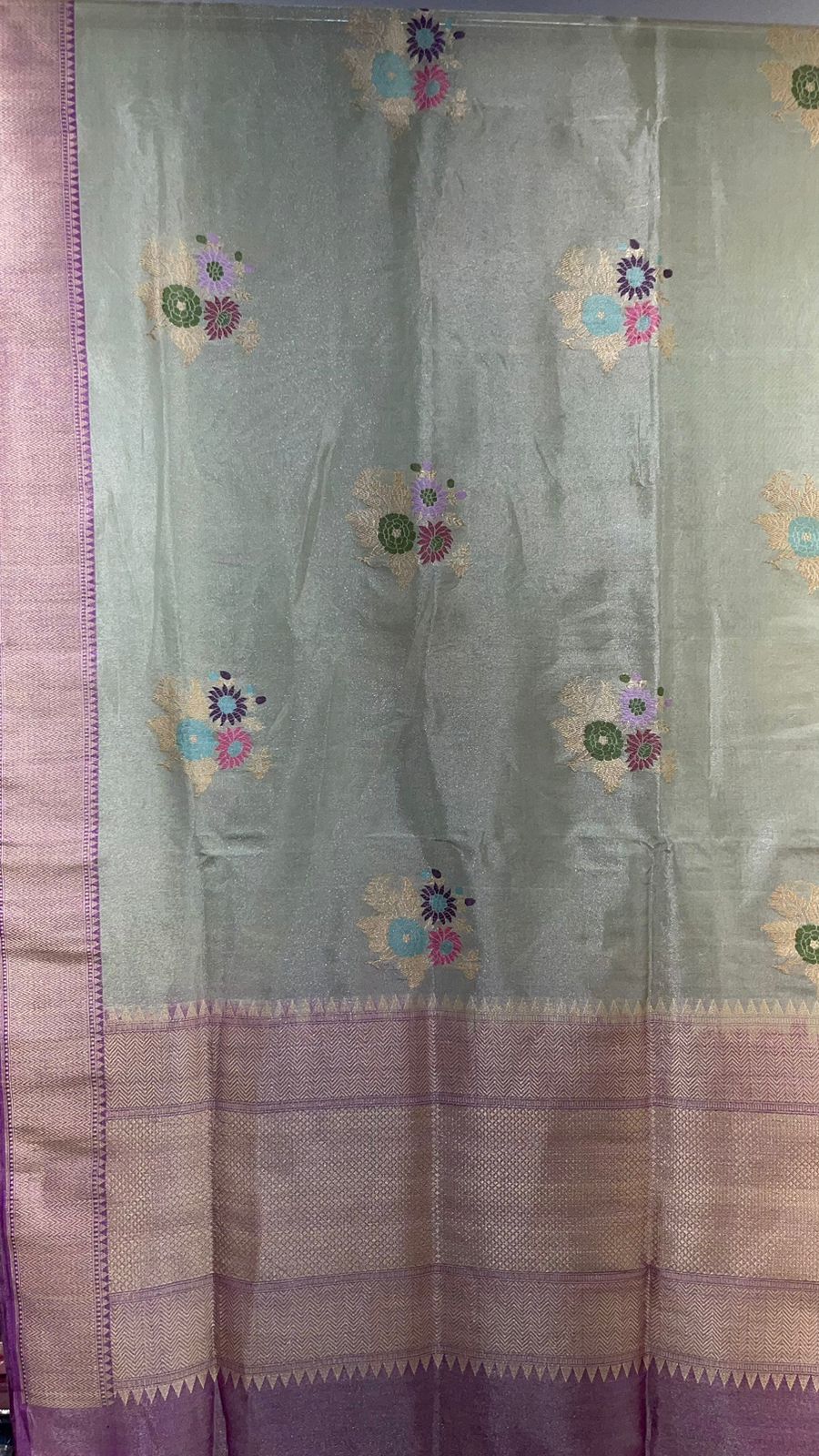 Faishana Pure Handloom Katan Tissue Seagreen Tilfi Kadhwa Mina Zari Booti Boota and Contrast Kadhwa Purple Zari Border Saree with Contrasting Purple Blouse