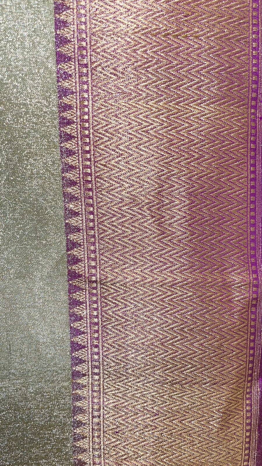 Faishana Pure Handloom Katan Tissue Seagreen Tilfi Kadhwa Mina Zari Booti Boota and Contrast Kadhwa Purple Zari Border Saree with Contrasting Purple Blouse