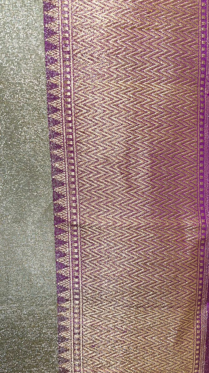 Faishana Pure Handloom Katan Tissue Seagreen Tilfi Kadhwa Mina Zari Booti Boota and Contrast Kadhwa Purple Zari Border Saree with Contrasting Purple Blouse