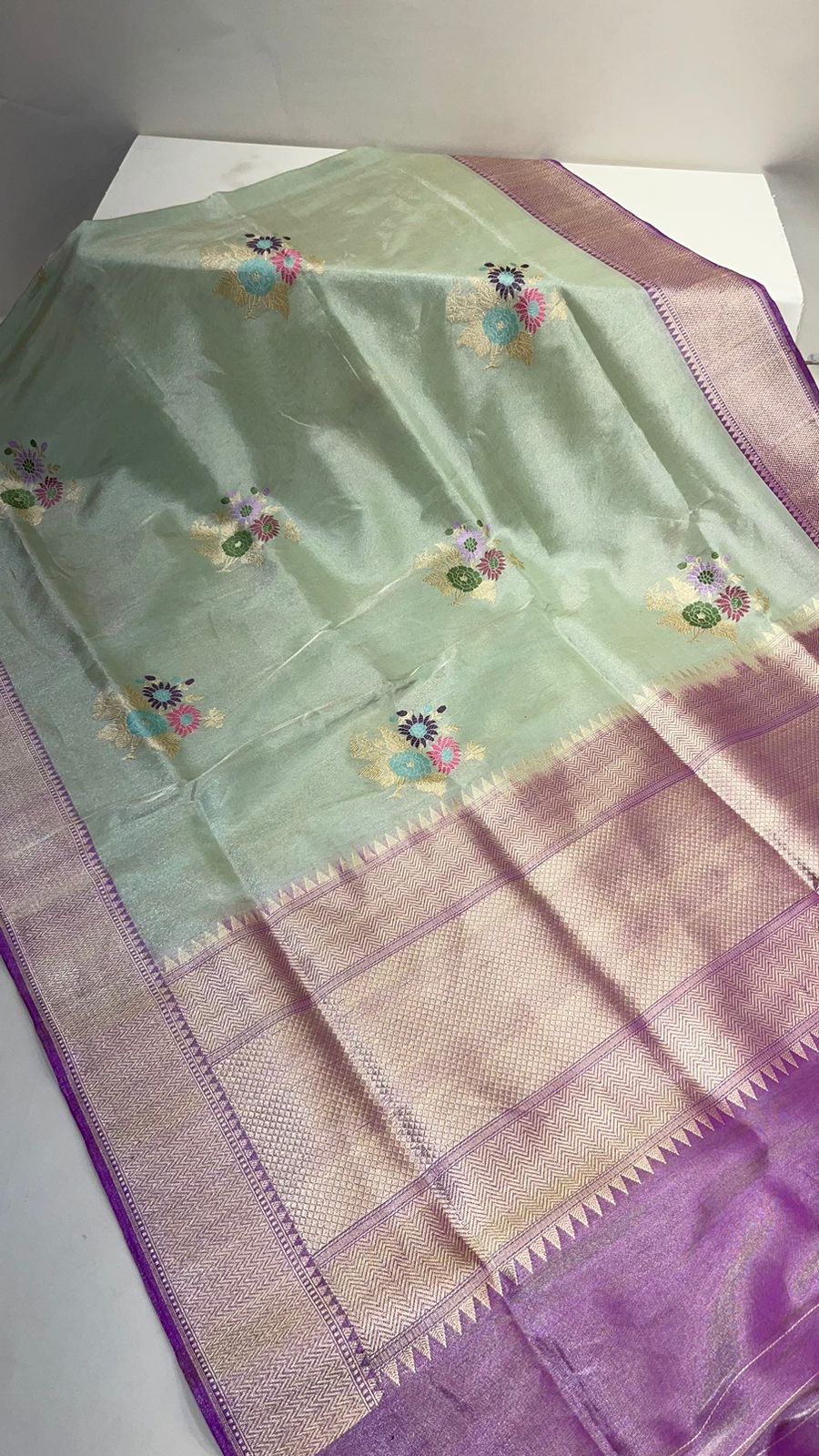 Faishana Pure Handloom Katan Tissue Seagreen Tilfi Kadhwa Mina Zari Booti Boota and Contrast Kadhwa Purple Zari Border Saree with Contrasting Purple Blouse