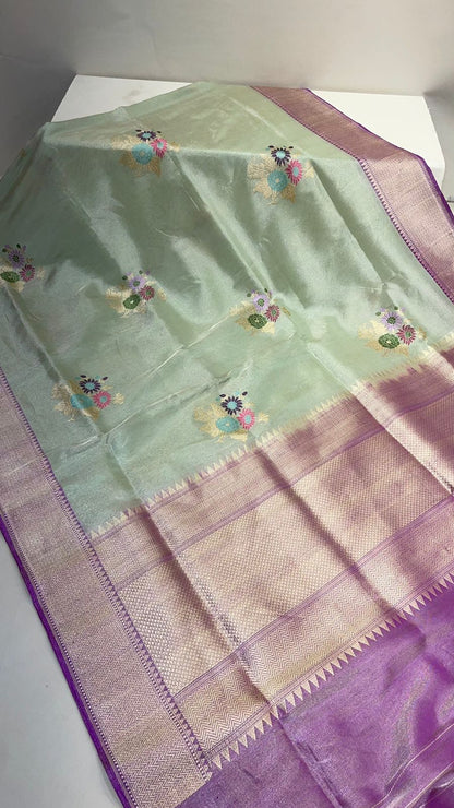 Faishana Pure Handloom Katan Tissue Seagreen Tilfi Kadhwa Mina Zari Booti Boota and Contrast Kadhwa Purple Zari Border Saree with Contrasting Purple Blouse