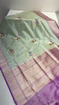 Faishana Pure Handloom Katan Tissue Seagreen Tilfi Kadhwa Mina Zari Booti Boota and Contrast Kadhwa Purple Zari Border Saree with Contrasting Purple Blouse