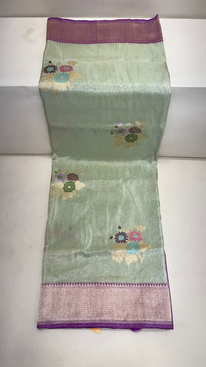 Faishana Pure Handloom Katan Tissue Seagreen Tilfi Kadhwa Mina Zari Booti Boota and Contrast Kadhwa Purple Zari Border Saree with Contrasting Purple Blouse