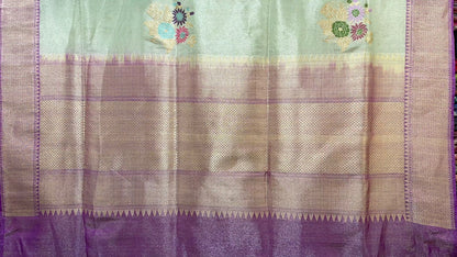 Faishana Pure Handloom Katan Tissue Seagreen Tilfi Kadhwa Mina Zari Booti Boota and Contrast Kadhwa Purple Zari Border Saree with Contrasting Purple Blouse