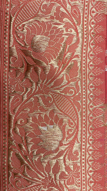 From Loom to Life: Faishana Pure Handloom Katan Silk Rang Kaat Checkered Kadhwa Stripe Golden Zari Border and Kadhwa Silver Mina Pallu with Peach Stripe Blouse
