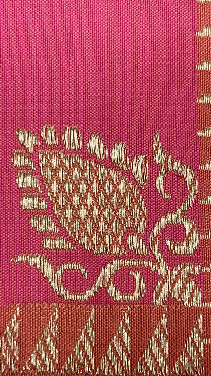 From Loom to Life: Faishana Pure Handloom Katan Silk Rang Kaat Checkered Kadhwa Stripe Golden Zari Border and Kadhwa Silver Mina Pallu with Peach Stripe Blouse