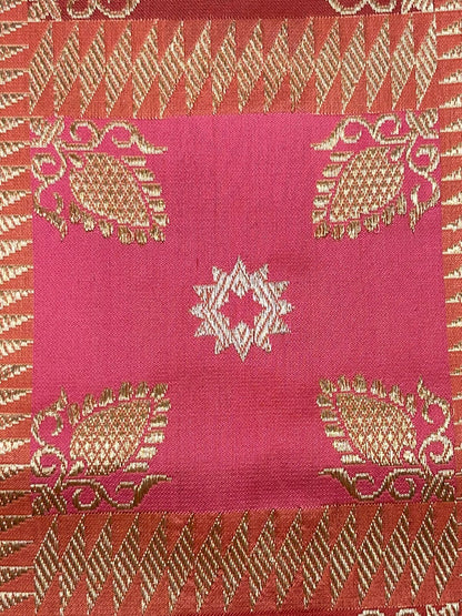 From Loom to Life: Faishana Pure Handloom Katan Silk Rang Kaat Checkered Kadhwa Stripe Golden Zari Border and Kadhwa Silver Mina Pallu with Peach Stripe Blouse