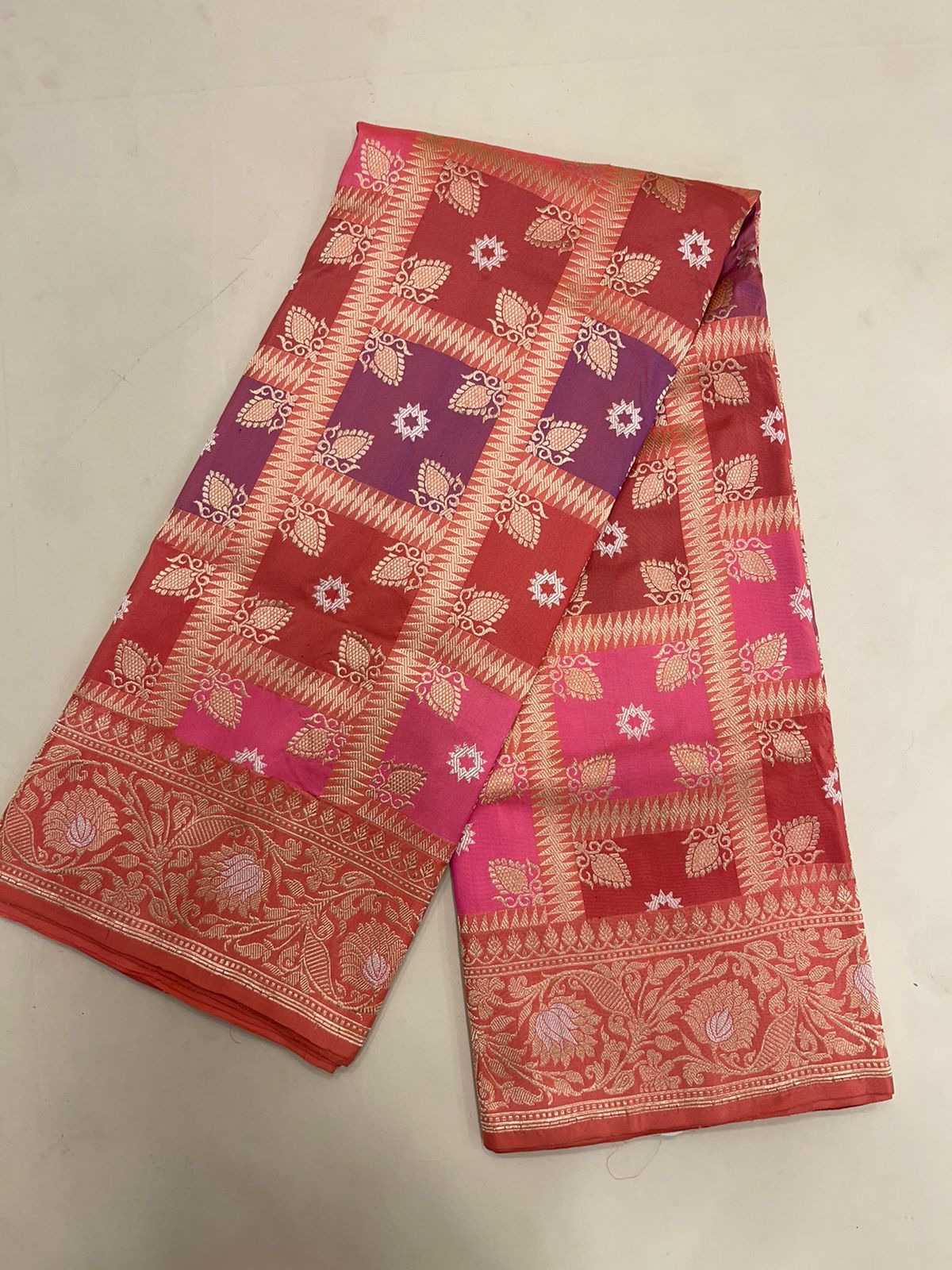 From Loom to Life: Faishana Pure Handloom Katan Silk Rang Kaat Checkered Kadhwa Stripe Golden Zari Border and Kadhwa Silver Mina Pallu with Peach Stripe Blouse