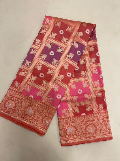 From Loom to Life: Faishana Pure Handloom Katan Silk Rang Kaat Checkered Kadhwa Stripe Golden Zari Border and Kadhwa Silver Mina Pallu with Peach Stripe Blouse
