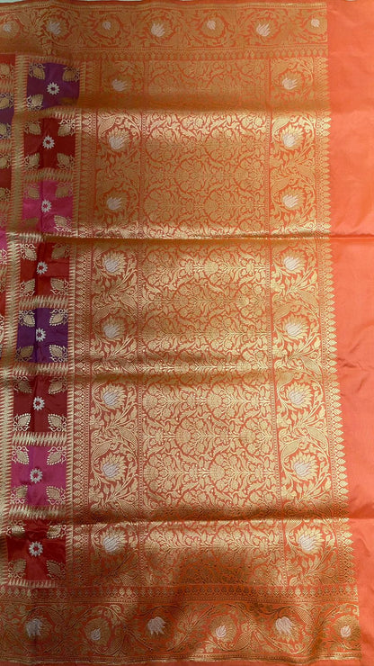 From Loom to Life: Faishana Pure Handloom Katan Silk Rang Kaat Checkered Kadhwa Stripe Golden Zari Border and Kadhwa Silver Mina Pallu with Peach Stripe Blouse