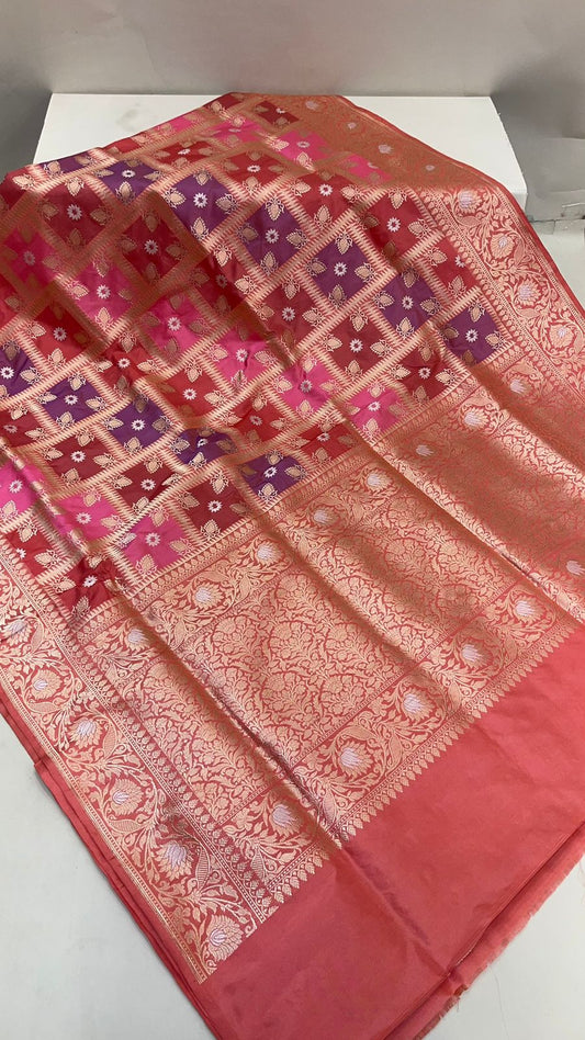 From Loom to Life: Faishana Pure Handloom Katan Silk Rang Kaat Checkered Kadhwa Stripe Golden Zari Border and Kadhwa Silver Mina Pallu with Peach Stripe Blouse