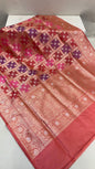 From Loom to Life: Faishana Pure Handloom Katan Silk Rang Kaat Checkered Kadhwa Stripe Golden Zari Border and Kadhwa Silver Mina Pallu with Peach Stripe Blouse