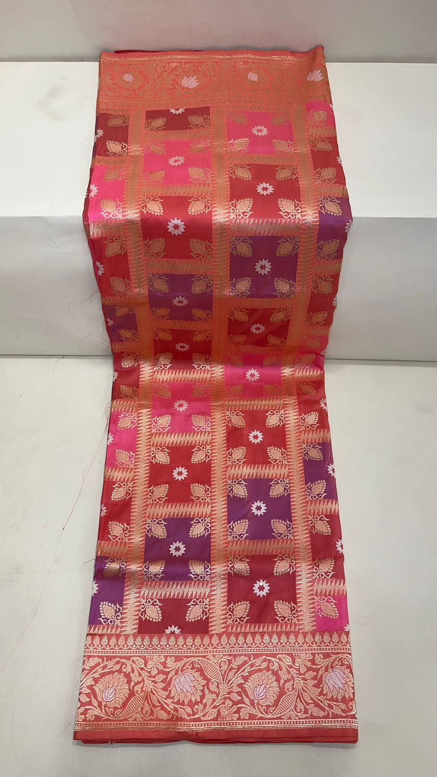 From Loom to Life: Faishana Pure Handloom Katan Silk Rang Kaat Checkered Kadhwa Stripe Golden Zari Border and Kadhwa Silver Mina Pallu with Peach Stripe Blouse