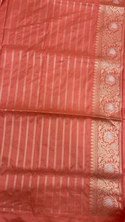 From Loom to Life: Faishana Pure Handloom Katan Silk Rang Kaat Checkered Kadhwa Stripe Golden Zari Border and Kadhwa Silver Mina Pallu with Peach Stripe Blouse