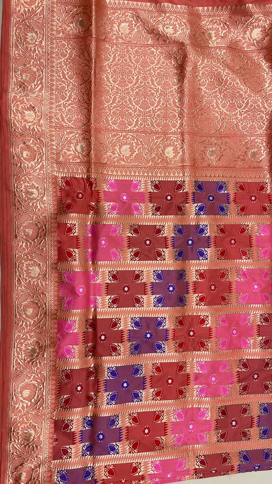 From Loom to Life: Faishana Pure Handloom Katan Silk Rang Kaat Checkered Kadhwa Stripe Golden Zari Border and Kadhwa Silver Mina Pallu with Peach Stripe Blouse