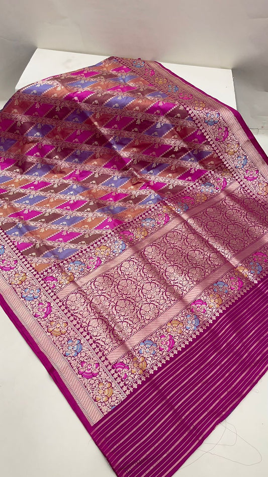Draped in Heritage Faishana Pure Handloom Multicolor Katan Silk Rangkaat Stripe Kadhwa Tilfi Mina Golden Zari with Golden Stripe Pink Color Blouse