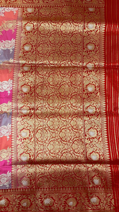Essence of Tradition: Faishana Pure Handloom Katan Silk Rang kaat Golden Silver Zari Katan Silk Saree with Kadhwa Jungla Honey Bee Booti Blouse