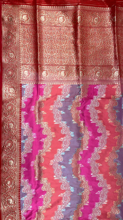 Essence of Tradition: Faishana Pure Handloom Katan Silk Rang kaat Golden Silver Zari Katan Silk Saree with Kadhwa Jungla Honey Bee Booti Blouse
